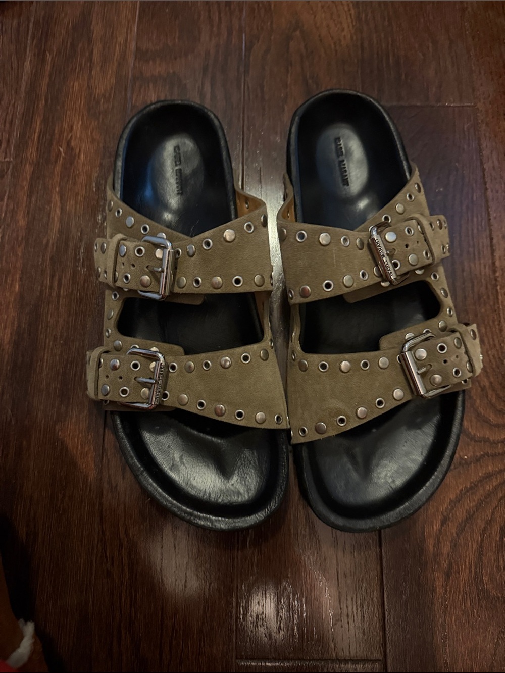 Isabel Marant Olive Green Studded Double-Buckle Slide Sandals - Picture 2 of 5